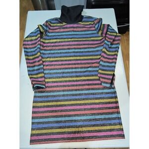United Colors of Benetton Rainbow Metallic Stripe Turtleneck Mini Dress Womens M